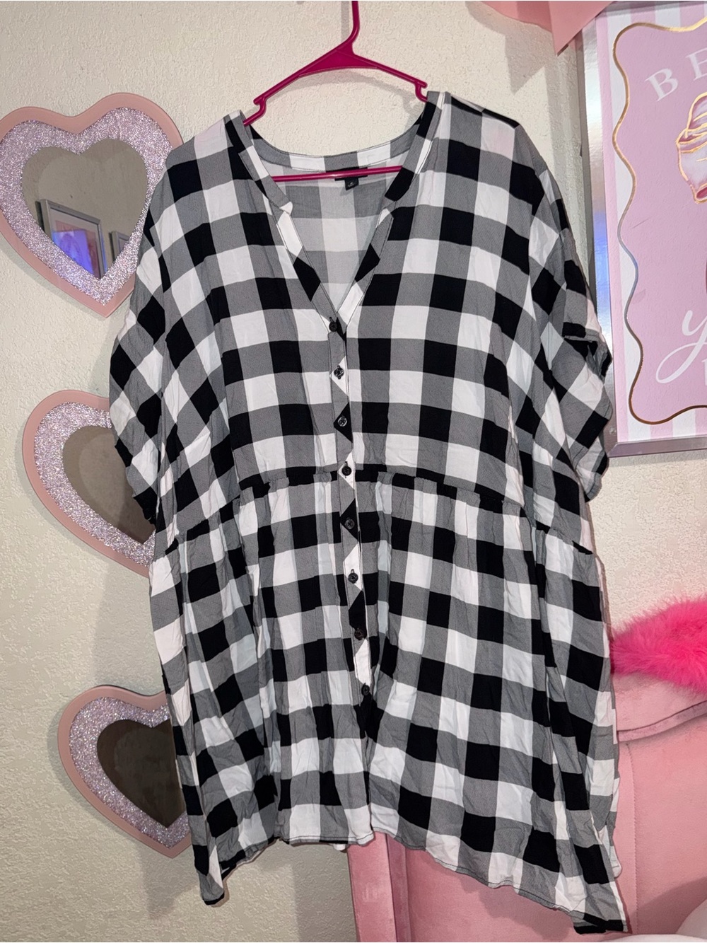 torrid Black and White Buffalo Check Button-Front Babydoll Top